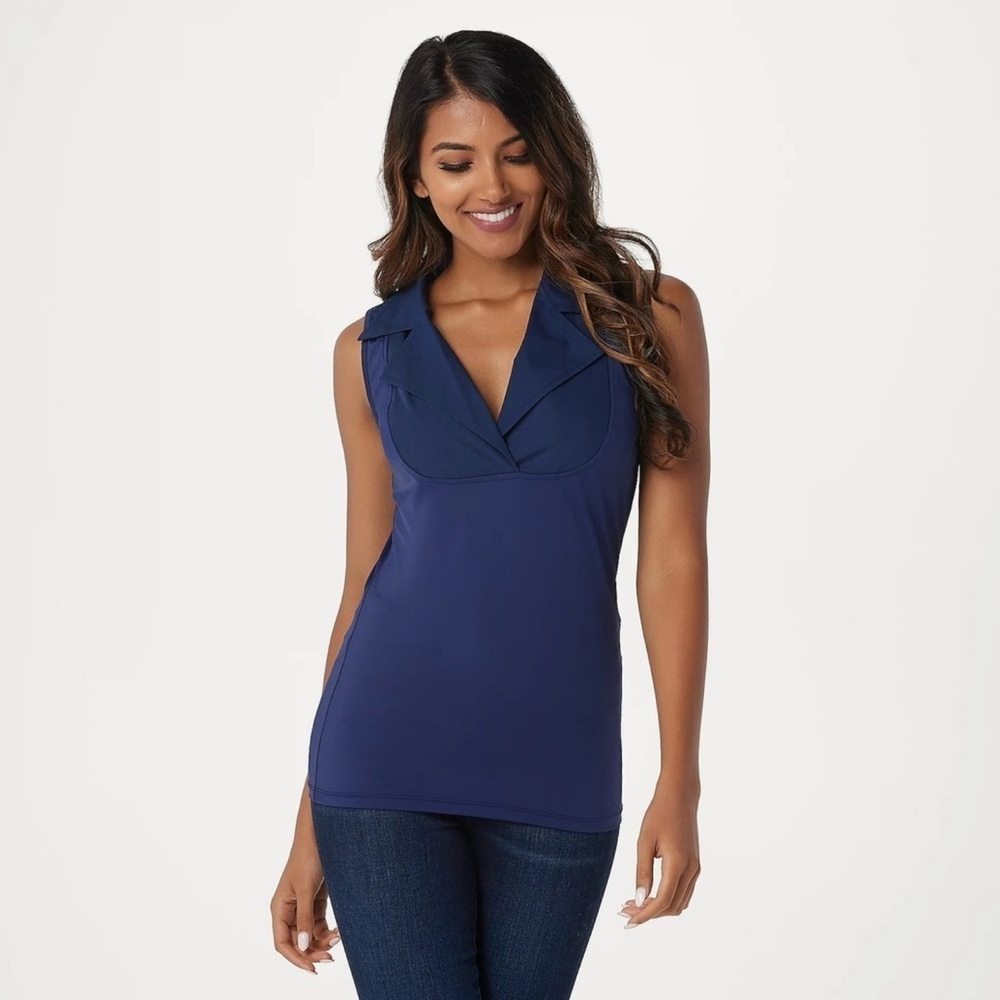 Kathleen Kirkwood Dictrac-Ease Notch Collar Shirt Navy size large